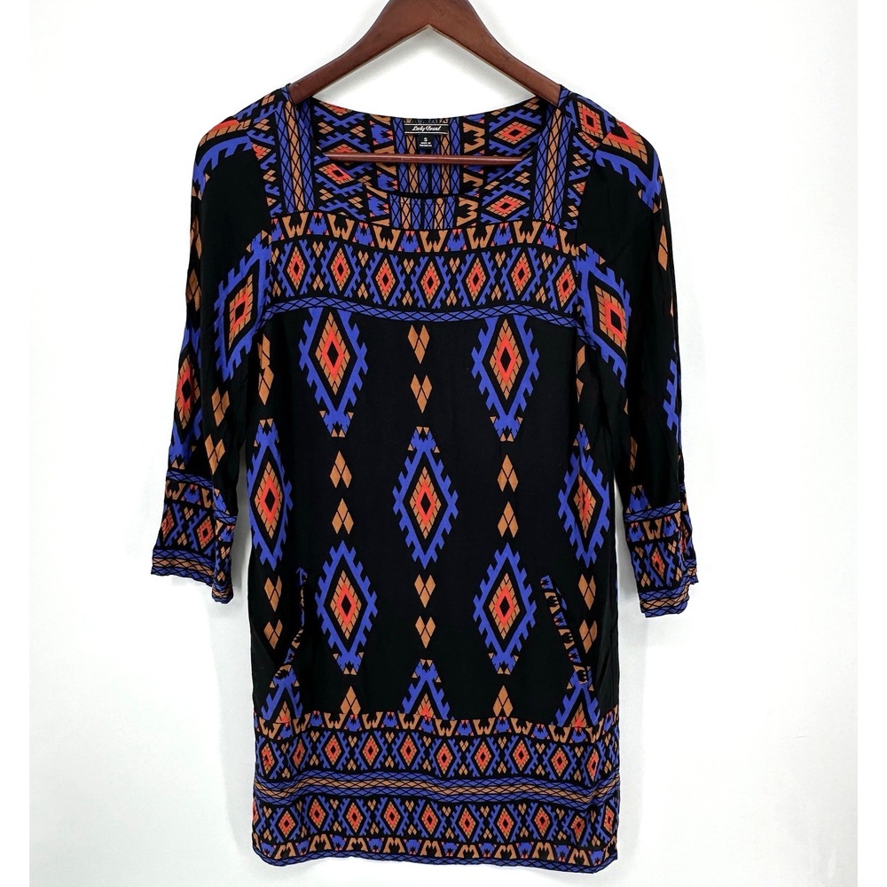 Lucky Brand Floral Womens Aztec Print Shift Dress Long Sleeve Size S Boho